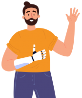 Computer image of a man with a prosthetic right arm, smiling and waving his left hand